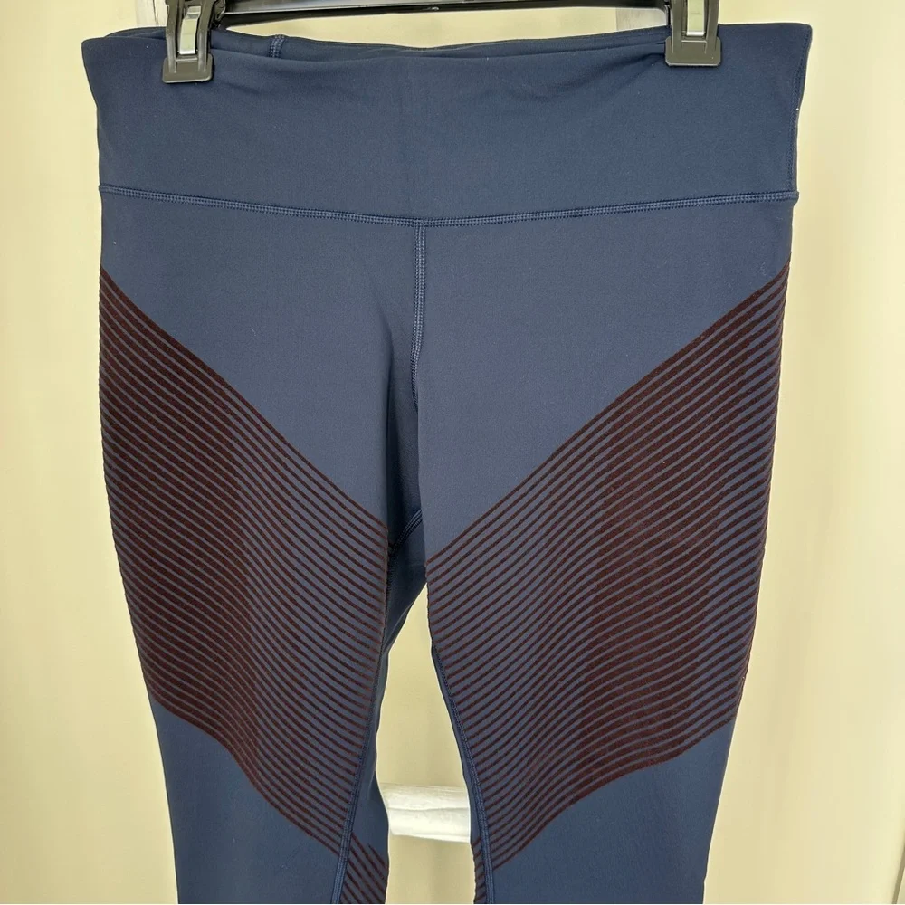 GAP Fit Sculpt Compression Moto Leggings Blue with Burgandy/Brown Stripes